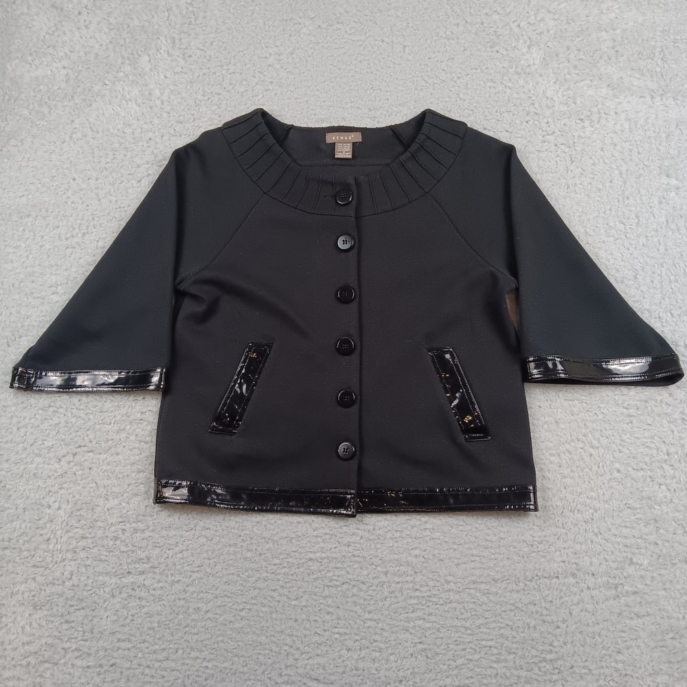 Kenar Jacket Women 8 Black Patent Trim Pleated Neck 3/4 Sleeve Button Up